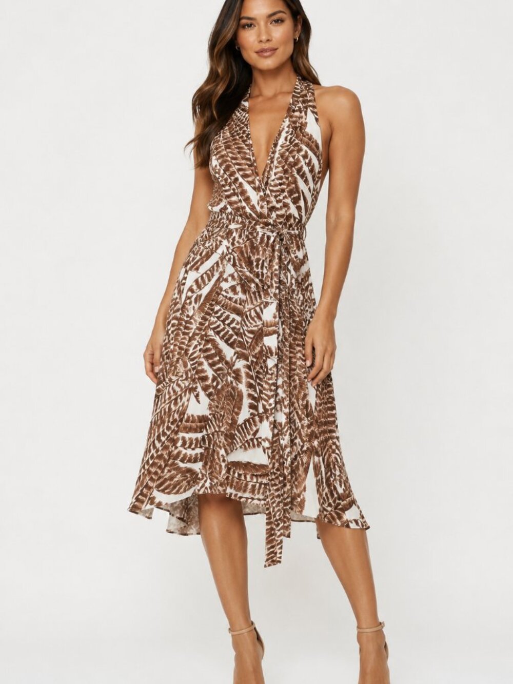 Lauren Ralph Lauren Feather Print Halter Dress Size 6 NWT Brown Ivory Wrap Tie W